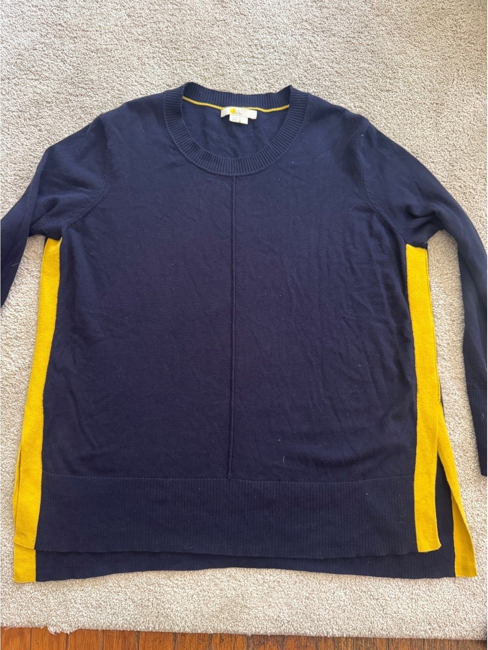 Boden Navy Blue & Yellow Contrast Trim Wool-Blend Crewneck Sweater Size L